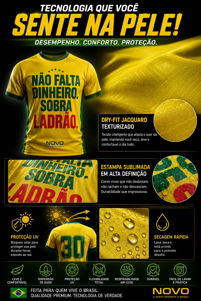 Tecnologia que você sente na pele: Dry-Fit jacquard texturizado, estampa sublimada em alta definição, proteção UV, secagem rápida, leve, respirável, durável.
